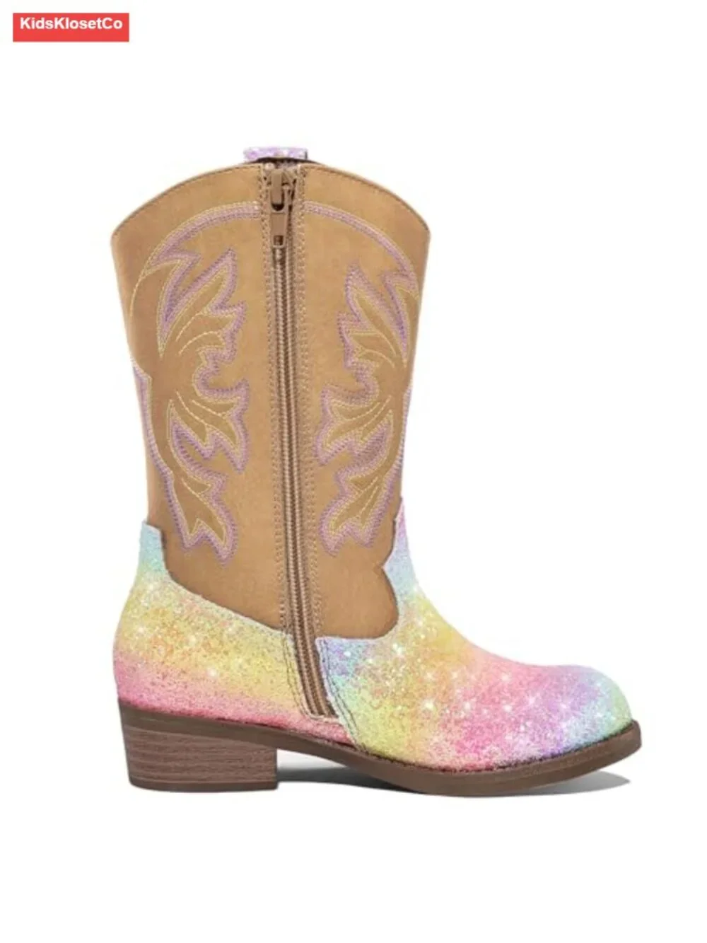 Girls Glitter Cowboy Boots Round Toe Mid Calf Block Heel Zipper